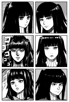 1girl akairiot araki_hirohiko_(style) black_hair chart female_focus fire_emblem fire_emblem_awakening greyscale highres kishimoto_masashi_(style) kubo_tite_(style) long_hair miura_kentarou_(style) monochrome multiple_style_parody nintendo otomo_katsuhiro_(style) parody solo style_parody tezuka_osamu_(style) tharja_(fire_emblem) two_side_up white_background