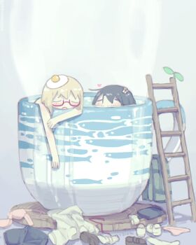 Rule 34 | 2girls, artist name, bath, black hair, blonde hair, blush, bra, closed eyes, completely nude, cup, egg, egg (food), egg hair ornament, egg yolk, fish, food, food-themed hair ornament, food on head, fried egg, glasses, hair ornament, highres, kurohanenone, ladder, mug, multiple girls, mushroom, mushroom hair ornament, mushroom on head, nude, object on head, open mouth, overflowing, overflowing bath, panties, red-framed eyewear, semi-rimless eyewear, shimeji simulation, shoes, simple background, spilling, sprout, steam, tsukishima shijima, underwear, unworn bra, unworn clothes, unworn panties, unworn shoes, yamashita majime