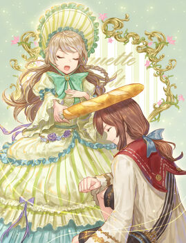 1boy 1girl baguette black_shorts blue_ribbon bonnet bow braid bread chain_belt closed_eyes closed_mouth dress feet_out_of_frame flower flower_ornament flower_ring food framed frilled_dress frills gown green_background green_bow green_dress green_headwear hair_ribbon hand_on_own_chest holding holding_food jewelry juliet_sleeves kankito knighting layered_dress light_brown_hair light_smile long_hair long_sleeves low_ponytail on_one_knee open_mouth original pink_flower ponytail profile puffy_sleeves purple_bow purple_flower purple_rose red_sailor_collar ribbon ring rose sailor_collar sash shirt shorts shoulder_sash side_braid standing striped_clothes striped_dress white_shirt wide_sleeves