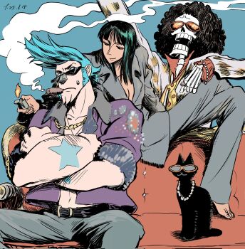 1girl 2boys afro black_hair blue_hair brook_(one_piece) cat commentary_request cyborg dark-skinned_female dark_skin formal_clothes franky_(one_piece) highres lighter multiple_boys nico_robin one_piece skeleton smoking ylsjnfsd