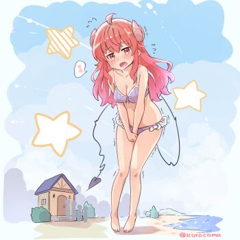 1girl 4others absurdres barefoot beach bikini blue_sky blush breasts brown_horns cleavage cloud commentary_request curled_horns day demon_horns demon_tail full_body highres horns house icorasama long_hair looking_at_viewer machikado_mazoku medium_breasts multiple_others navel ocean open_mouth outdoors purple_bikini red_eyes red_hair sky solo_focus standing star_(symbol) swimsuit tail toes toilet trembling twitter_username yoshida_yuuko
