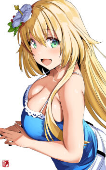 Rule 34 | 1girl, 2025, bare shoulders, belko, blonde hair, breasts, cinderella series, cleavage, dated, female focus, flower, hachigatsu no cinderella nine, hair between eyes, hair flower, hair ornament, large breasts, looking at viewer, nozaki yuuki, open mouth, smile, solo, tongue