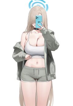 1girl absurdres asuna_(blue_archive) bare_shoulders black_choker blue_archive breasts brown_hair choker cleavage collarbone commentary covering_face crop_top dolphin_shorts drawstring facing_viewer grey_jacket grey_shorts grin halo highres holding holding_phone jacket large_breasts long_hair long_sleeves midriff mole mole_on_breast navel nogong off_shoulder open_clothes open_jacket phone shirt short_shorts shorts simple_background single_off_shoulder sleeveless sleeveless_shirt smile solo stomach thighs untranslatable_commentary very_long_hair white_background white_shirt