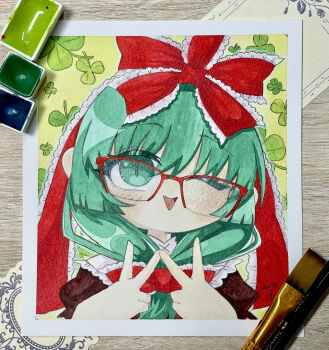 1girl absurdres art_tools_in_frame bespectacled clover double_inward_v frilled_ribbon frills glasses green_eyes green_hair hair_ribbon highres homara8524 kagiyama_hina looking_at_viewer one_eye_closed open_mouth over-rim_eyewear painting_(medium) portrait red-framed_eyewear red_ribbon ribbon semi-rimless_eyewear solo touhou traditional_media watercolor_(medium)