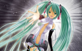 Rule 34 | 1girl, aqua eyes, aqua hair, belt, breasts, detached sleeves, female focus, g-art, hatsune miku, hatsune miku (append), highres, lens flare, long hair, navel, necktie, smile, solo, taniguchi gou, twintails, very long hair, vocaloid, vocaloid append