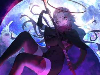 1girl alternate_universe aotsuki_eito arm_up between_breasts black_bodystocking black_cloak black_gloves black_halo black_panties black_thighhighs breasts chinese_commentary cloak commentary_request covered_navel cross cross_pasties elbow_gloves evil_smile eyeliner feet_out_of_frame floating fusang0499 genderswap genderswap_(mtf) glasses gloves grey_hair halo highres holding holding_scythe holding_weapon large_breasts last_defense_academy_school_uniform long_hair looking_at_viewer mahou_shoujo_ni_akogarete makeup no_shirt open_mouth panties pasties purple_eyes red_eyeliner revision school_uniform scythe smile solo star_(symbol) the_hundred_line_-last_defense_academy- thighhighs underwear weapon