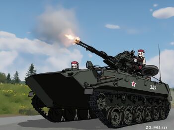 Rule 34 | 2girls, absurdres, ak74m (girls' frontline), anti-aircraft, anti-aircraft gun, armored personnel carrier, armored vehicle, artist name, autocannon, beret, black boots, black jacket, black pantyhose, blonde hair, blue eyes, blue sky, boots, btr-zd, cannon, caterpillar tracks, cloud, combat boots, dated, firing, girls' frontline, glasses, grass, hair ornament, hammer, hat, headphones, headset, highres, jacket, long hair, military, military vehicle, miniskirt, motor vehicle, multiple girls, muzzle flash, ots-12 (girls' frontline), pantyhose, pleated skirt, red hat, red skirt, red star, road, russian flag, russian ground forces, self-propelled anti-aircraft-gun, skirt, sky, smoke, snowflake hair ornament, star (symbol), star hair ornament, tree, user sgex8545, white hair, zu-23-2