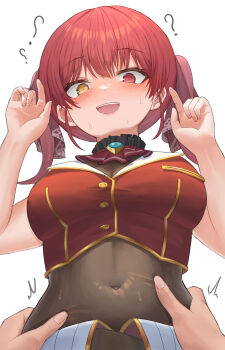 Rule 34 | 1girl, absurdres, ascot, black leotard, blush, breasts, cleavage, commentary request, covered navel, cropped jacket, hand on another's stomach, heterochromia, highres, hololive, houshou marine, houshou marine (1st costume), jacket, kei8987, large breasts, leotard, leotard under clothes, long hair, navel, pov, pov hands, red ascot, red eyes, red hair, red jacket, see-through cleavage, see-through clothes, torso grab, virtual youtuber, yellow eyes