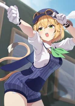1girl absurdres black_hair blonde_hair blue_hat blue_overalls blue_sky cloud dooby_(1st_costume) dooby gloves green_eyes hat highres indie_virtual_youtuber looking_at_viewer medium_hair miu_(angelo_whitechoc) mouse_girl mouse_tail multicolored_hair overalls pointing shirt sky solo streaked_hair tail teeth train train_conductor upper_teeth_only virtual_youtuber white_gloves white_shirt