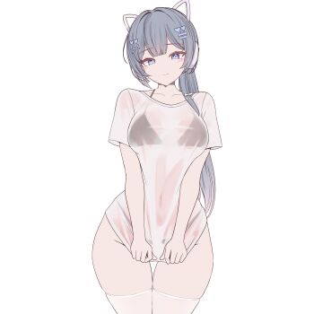 1girl animal_ear_headphones animal_ears bikini bikini_under_clothes black_bikini blue_eyes blush bow breasts cat_ear_headphones cat_ears closed_mouth clothes_tug cloud collarbone commentary_request cowboy_shot fake_animal_ears hair_bow hair_ornament hairclip headphones heart heart_hair_ornament highleg highleg_bikini highres indie_virtual_youtuber korean_commentary large_breasts long_hair looking_at_viewer parallel_hairclips ponytail rapid17 see-through_clothes shirt shirt_tug short_sleeves simple_background skindentation smile solo swimsuit thighhighs thighs transparent_background v_arms virtual_youtuber white_shirt white_thighhighs x_hair_ornament