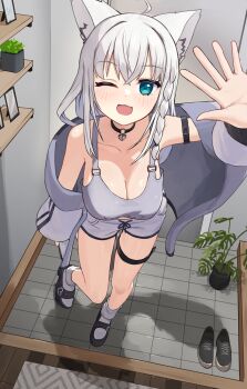1girl absurdres ahoge animal_ear_fluff animal_ears black_armlet black_boots black_choker blue_eyes blush boots braid breasts camisole choker cleavage collarbone commentary_request fox_ears fox_girl full_body grey_camisole grey_jacket grey_shorts hair_between_eyes highres hololive indoors jacket large_breasts long_hair long_sleeves looking_at_viewer one_eye_closed open_mouth shirakami_fubuki short_shorts shorts smile socks thigh_strap virtual_youtuber white_hair white_socks woogi_(duguddnr)