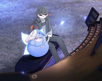 1boy animalization black_jacket black_pants blue_butterfly blue_hair blue_veil bug butterfly closed_mouth commentary game_screenshot_background grand_piano grey_shirt hair_between_eyes heart highres insect instrument jacket male_rover_(wuthering_waves) obgbegom pants piano purple_eyes rover_(wuthering_waves) screenshot_background shirt shorekeeper_(wuthering_waves) sitting smile solo symbol-only_commentary two-tone_veil veil white_veil wuthering_waves