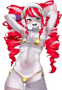 1girl absurdres alternate_costume armpits arms_up bikini blush brown_eyes commentary cowboy_shot drill_hair earrings english_commentary eyelashes flat_chest gold_bikini grey_hair grey_skirt hair_ornament hair_ribbon hairband heterochromia highres hololive hololive_indonesia jewelry kureiji_ollie long_hair micro_bikini multicolored_hair navel necklace open_mouth partially_visible_vulva patchwork_skin pearl_necklace presenting_own_armpit red_hair ribbon side-tie_bikini_bottom sidelocks simple_background skindentation skirt solo stomach streaked_hair swimsuit symbol-shaped_pupils thanaphondeech1 tongue twin_drills very_long_hair virtual_youtuber white_background white_hairband white_ribbon yellow_eyes zombie