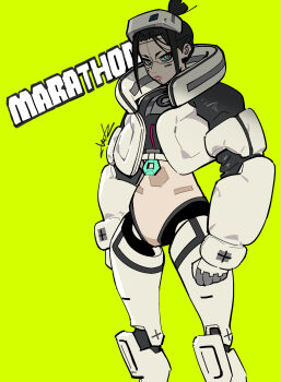 1girl androgynous armor barcode barcode_tattoo black_armor black_hair black_jacket blue_eyes clenched_hands clenched_teeth commentary copyright_name cyberpunk cyborg earrings english_commentary expressionless feet_out_of_frame flat_chest green_background head-mounted_display high_collar highres jacket jewelry marathon mechanical_arms mechanical_legs multicolored_jacket no_pussy open_clothes open_jacket prosthesis red_pupils short_hair signature solo tarou2 tattoo teeth topknot two-tone_jacket white_armor white_jacket white_visor