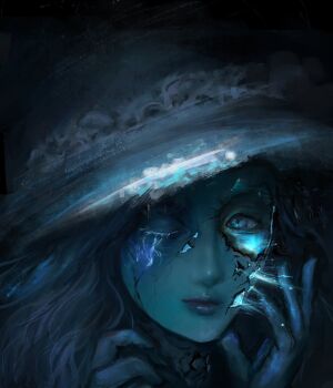 1girl black_background blue_eyes blue_hair broken_mask close-up closed_mouth crack cracked_kawaii_mask cracked_mask cracked_skin elden_ring glowing glowing_tattoo hand_on_own_face hands_up hashtag-only_commentary highres large_hat looking_at_viewer mask nlnjen portrait ranni_the_witch solo tattoo