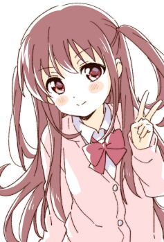 Rule 34 | 1girl, achiga school uniform, atarashi ako, bow, bowtie, brown hair, buttons, cardigan, closed mouth, collared shirt, highres, long hair, looking at viewer, namori, pink cardigan, purple eyes, red bow, red bowtie, saki, saki (manga), saki achiga-hen, school uniform, shirt, simple background, solo, two side up, upper body, v, white background, white shirt