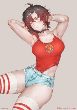 1girl armpits arms_behind_head artist_name bare_arms bare_hips bare_shoulders black_hair choker cowboy_shot cutoff_jeans cutoffs denim denim_shorts gradient_hair grey_eyes heart highleg highleg_leotard highres kuon_(kwonchanji) larry_the_lobster leather leather_choker leotard looking_to_the_side multicolored_hair patreon_username red_hair red_leotard ruby_rose rwby shorts simple_background sweat sweatdrop thighhighs thong_leotard tight_clothes white_thighhighs wristband