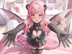 Rule 34 | 1girl, :d, bed, bedroom, black gloves, black horns, black skirt, black thighhighs, bottle, breasts, cleavage, cleavage cutout, clothing cutout, demon horns, demon tail, demon wings, elbow gloves, flower, gloves, heart, heart-shaped pillow, highres, horns, indoors, lamp, large breasts, leg grab, looking at viewer, open mouth, original, outstretched arms, perfume bottle, picture frame, pillow, pink eyes, pink flower, pink hair, pointy ears, sakamuke, sidelocks, skirt, smile, solo, stuffed animal, stuffed toy, tail, teddy bear, thighhighs, vase, wings, zettai ryouiki