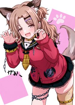 1girl animal_ear_fluff animal_ears asymmetrical_legwear black_skirt blush brown_hair cardigan claw_pose commentary_request curtained_hair dog_ears dog_girl dog_tail fang halloween_costume hands_up highres hyu-kya ichikawa_hinana idolmaster idolmaster_shiny_colors kemonomimi_mode looking_at_viewer miniskirt paw_print pleated_skirt red_cardigan skirt smile solo tail tail_under_clothes