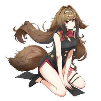 1girl absurdres animal_ears ankle_strap bare_arms bare_legs bare_shoulders between_legs black_dress black_hair black_shoes breasts brown_hair china_dress chinese_clothes cleavage cleavage_cutout closed_mouth clothing_cutout commentary_request cosplay dress droopy_ears fingernails floating_hair fox_ears fox_girl fox_tail full_body hairband hand_between_legs high_heels highres korean_commentary leg_tattoo long_hair looking_at_viewer medium_breasts multicolored_hair pelvic_curtain red_dress red_eyes seiza shoes sidelocks simple_background sitting sleeveless sleeveless_dress solo sweety_(zenless_zone_zero) sweety_(zenless_zone_zero)_(cosplay) tail tattoo thigh_strap two-tone_dress two-tone_hair user_ssrr3783 v_arms very_long_hair white_background white_hairband ye_shunguang zenless_zone_zero