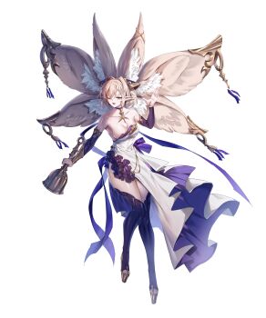 1girl absurdres animal_ear_fluff animal_ears bell blonde_hair bracelet breasts choker collarbone detached_sleeves dress extra_ears full_body highres holding holding_bell huge_ears jewelry looking_at_viewer medium_breasts one_eye_closed original platform_sandals pointy_ears sandals solo stirrup_legwear thighhighs toeless_legwear white_background white_dress yellow_eyes zhu_fun