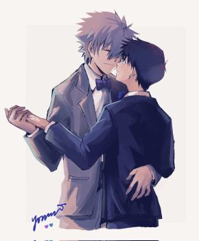 Rule 34 | 2boys, black hair, blush, bow, bowtie, closed mouth, collared shirt, commentary request, corrupted twitter file, cropped legs, dancing, grey hair, grey jacket, hand on another's back, heart, height difference, highres, holding hands, ikari shinji, jacket, jewelry, looking at another, male focus, multiple boys, nagisa kaworu, neon genesis evangelion, ring, shirt, short hair, signature, simple background, suit jacket, white background, white shirt, yaoi, yorumi1117