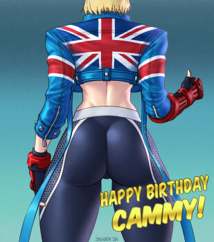 1girl ass blonde_hair blue_eyes blue_jacket braid breasts cammy_white commentary english_commentary fingerless_gloves gloves happy_birthday hat highres jacket jiggeh pants street_fighter street_fighter_6 thighs thumbs_up twin_braids union_jack_print