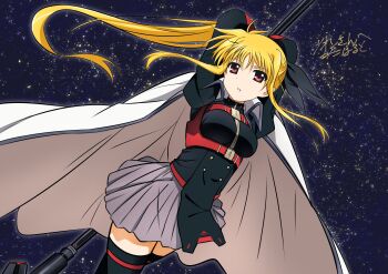 1girl achanpuni bardiche_(bullova_form)_(nanoha) bardiche_(nanoha) black_ribbon black_thighhighs blonde_hair cape commentary_request commission cowboy_shot fate_testarossa fate_testarossa_(lightning_form)_(2nd) floating_cape floating_hair grey_skirt hair_between_eyes hair_ribbon highres holding holding_polearm holding_weapon long_hair long_sidelocks long_sleeves looking_at_viewer lyrical_nanoha magical_girl mahou_shoujo_lyrical_nanoha mahou_shoujo_lyrical_nanoha_a's mahou_shoujo_lyrical_nanoha_the_movie_2nd_a's parted_bangs parted_lips polearm puffy_long_sleeves puffy_sleeves red_eyes ribbon second-party_source sidelocks skirt solo star_(sky) starry_sky_background thighhighs twintails very_long_hair weapon white_cape wispy_bangs