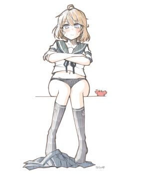 Rule 34 | 1girl, ahoge, bandaid, bandaid on face, black panties, blue neckerchief, blue sailor collar, blue skirt, brown hair, commentary request, crab, crossed arms, full body, grey eyes, highres, kantai collection, neckerchief, oboro (kancolle), panties, pleated skirt, sailor collar, sailor shirt, school uniform, serafuku, shirt, short hair, skirt, tatahai, underwear, unworn skirt, white shirt