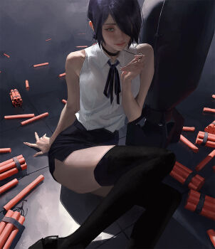 1girl arm_support black_choker black_ribbon black_shoes black_thighhighs bomb chainsaw_man choker dynamite explosive feet_out_of_frame green_eyes hair_over_one_eye highres nuclear_weapon purple_hair purple_skirt revision reze_(chainsaw_man) ribbon sangsoo_jeong shirt shirt_tucked_in shoes sitting skirt sleeveless sleeveless_shirt solo thighhighs tile_floor tiles white_shirt