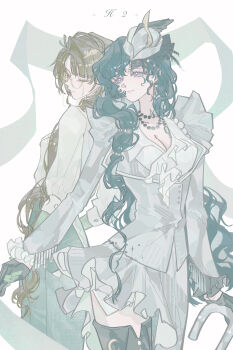 2girls absurdres back-to-back black_boots black_gloves boots breasts brown_hair cane cleavage closed_eyes closed_mouth cowboy_shot eyewear_strap glasses gloves green_gloves green_skirt grey_hat grey_jacket grey_skirt h2_(xinjinjumin979826624648) hat highres holding holding_cane holding_hands isolde_(and_all_that_jazz)_(reverse:1999) isolde_(reverse:1999) jacket kakania_(reverse:1999) long_hair looking_to_the_side low_ponytail multiple_girls official_alternate_costume pale_color ponytail profile purple_eyes reverse:1999 semi-rimless_eyewear shirt skirt thigh_boots turning_head under-rim_eyewear very_long_hair white_background white_hair white_shirt