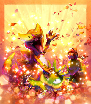 alternate_color claws commentary deviantart_username english_commentary fletchinder gen_1_pokemon gen_5_pokemon gen_6_pokemon grass highres joannazelle kingler krookodile leaf nintendo no_humans nostrils one_eye_closed open_mouth pokemon pokemon_(creature) pokemon_focus sharp_teeth shiny_pokemon signature sparkle teeth tumblr_username watermark web_address