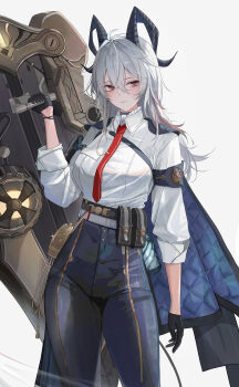 1girl absurdres arm_pouch armband black_armband black_choker black_gloves black_horns black_jacket black_pants black_tail breasts button_gap choker closed_mouth collared_shirt commentary cowboy_shot curled_horns earrings gloves grey_hair hair_between_eyes highres holding holding_shield horns jacket jacket_on_shoulders jenmin12 jewelry key_earrings large_breasts long_hair looking_at_viewer multicolored_hair necktie pangu_terminal_(wuthering_waves) pants pouch red_eyes red_necktie shield shirt shirt_tucked_in simple_background solo streaked_hair white_background white_shirt wuthering_waves zani_(wuthering_waves)