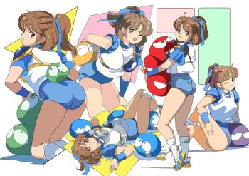 1girl :o arle_nadja armor armored_dress blob blue_footwear blue_ribbon blue_shorts blush breastplate brown_eyes brown_hair commentary_request creature crying dress edoya_inuhachi hair_ribbon half_updo holding kneeling lying multiple_views on_back one_eye_closed open_mouth ponytail puyo_(puyopuyo) puyopuyo ribbon shirt short_hair shorts shoulder_armor sitting smile socks standing