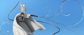 Rule 34 | 1boy, blue background, brushbuddy, cloak, commentary, creature, dynamis (artist), english commentary, glasses, hat, hat tassel, highres, holding, holding pen, magic, pen, qifrey (tongari boushi no atelier), tongari boushi no atelier, water, white hair