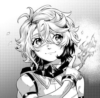 1girl bare_shoulders blush chinese_commentary commentary elbow_gloves eye_mask gloves greyscale hair_between_eyes highres hood hood_down jiguang_haibao mask monochrome portrait short_hair shy_(character) shy_(series) smile solo