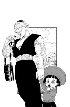 1boy 1girl absurdres artist_name bag blush_stickers cellphone child dougi dragon_ball dragon_ball_super dragon_ball_super_super_hero eating elbow_carry fenyon greyscale handbag hat highres holding holding_bag holding_hands holding_phone kindergarten_uniform monochrome pan_(dragon_ball) penenko phone piccolo pointy_ears sash school_hat short_hair smile turban very_short_hair