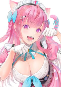 1girl 26itoguchi0w0 ahoge animal_ears badge bell blue_bow blue_ribbon blush bow braid breasts button_badge cat_ears cat_girl cat_hair_ornament cat_tail cleavage dress extra_ears gloves hair_bow hair_ornament hairclip heart heart_print highres indie_virtual_youtuber jingle_bell large_breasts leaning_forward long_hair looking_at_viewer maid maid_headdress neck_bell neck_ribbon open_mouth paw_pose paw_print pink_dress pink_eyes pink_hair pink_tail ribbon short_sleeves simple_background smile solo star_(symbol) star_hair_ornament tail tail_ornament tail_ribbon teeth tongue two_side_up virtual_youtuber white_background white_dress white_gloves yuuki_sakuna