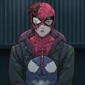 Rule 34 | 1boy, animal, animal print, artist name, brown eyes, brown hair, chainsaw, chainsaw man, cosplay, crack, fujimoto tatsuki (style), highres, holding, holding animal, hood, hood down, hooded jacket, jacket, looking at viewer, marvel, open mouth, parody, peter parker, pizza990, pochita (chainsaw man), pochita (chainsaw man) (cosplay), scene reference, sharp teeth, spider-man, spider-man (series), spider print, spider web print, superhero costume, teeth, torn mask, venom (marvel)