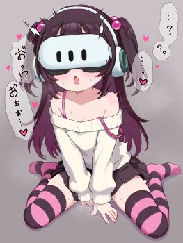 1girl bare_shoulders blush brown_hair brown_skirt cardigan check_commentary chestnut_mouth collarbone commentary_request female_masturbation flat_chest grey_background hair_bobbles hair_ornament head-mounted_display highres loli long_hair masturbation mesugaki nail_polish nattocurryumeee open_mouth original pink_nails pleated_skirt purple_socks purple_thighhighs saliva simple_background sitting skirt socks strap_slip strapless_cardigan striped_clothes striped_thighhighs sweat thighhighs twitching two_side_up virtual_reality wariza