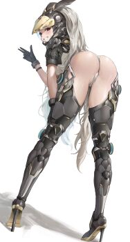 1girl absurdres armored_boots ass bent_over black_gloves blush boots bunny_(the_first_descendant) from_behind full_body gloves grey_eyes grey_hair high_heel_boots high_heels highres long_hair looking_at_viewer looking_back parted_lips renge_(730) simple_background smile solo standing the_first_descendant thigh_boots thighs white_background