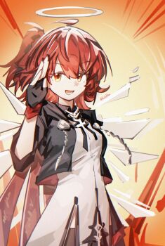 1girl :d absurdres arknights arm_up black_gloves black_jacket chinese_commentary commentary_request detached_wings dress exusiai_(arknights) exusiai_the_new_covenant_(arknights) fingerless_gloves gloves hair_between_eyes halo highres jacket looking_at_viewer open_clothes open_jacket open_mouth orange_background orange_eyes red_hair sakuratani_hane salute short_hair smile solo traditional_halo twitter_username white_dress white_halo wings