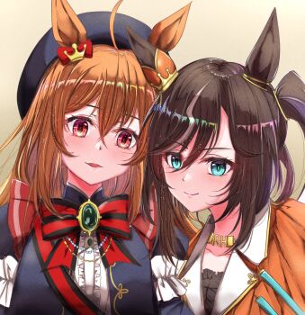 2girls ahoge anikinoihai893 animal_ears beret black_gemstone black_jacket black_shirt blue_eyes blush bow breasts brown_hair center_frills commentary_request frilled_shirt frills gem hair_between_eyes hair_ornament hat horse_ears horse_girl jacket long_hair looking_at_viewer multicolored_hair multiple_girls open_mouth orange_hair orange_jacket parted_lips red_bow ribbon royal_family_(the_royal_family) royal_hope_(the_royal_family) shirt side_ponytail simple_background smile streaked_hair striped_bow the_royal_family_(tv_series) upper_body white_hair white_shirt
