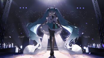 1girl absurdres aqua_hair audience backlighting bare_shoulders black_thighhighs clock commentary crying crying_with_eyes_open detached_sleeves full_body gloves glowstick grin hair_between_eyes hair_ornament halo happy_tears hatsune_miku highres holding holding_microphone long_hair microphone purple_petals smile stage standing tears thighhighs twintails very_long_hair vocaloid watch white_gloves white_sleeves yurun_(yurun_ume)
