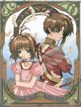 1990s_(style) 1boy 1girl antenna_hair art_nouveau brown_eyes brown_hair cardcaptor_sakura character_name child clamp couple dress feathers kinomoto_sakura li_syaoran mirror pink_dress retro_artstyle wings