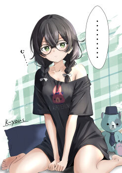 ... 1girl animal_print artist_name barefoot black-framed_eyewear black_hair black_shirt braid braided_twintails breasts cleavage closed_mouth commentary_request crossed_bangs double-parted_bangs full_body glasses green_background green_eyes hair_over_shoulder hanakuma_chifuyu highres k-yous long_hair long_shirt looking_at_viewer no_pants pillow plaid_background print_shirt rabbit_print round_eyewear shirt short_sleeves signature single_off_shoulder sitting solo speech_bubble spoken_ellipsis stuffed_animal stuffed_toy synthesizer_v t-shirt teddy_bear wariza