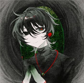 1boy 1girl animated animated_gif black_eyes black_hair black_shirt blinking chinese_commentary closed_mouth colored_extremities colored_skin commentary_request dual_persona earrings green_eyes hair_between_eyes heterochromia jewelry long_hair naihe_(female)_(touqi_guaitan) naihe_(male)_(touqi_guaitan) red_pupils shirt short_hair sidelocks smile steepled_fingers strawbonni touqi_guaitan turtleneck upper_body watercolor_effect white_skin