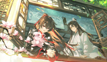 2boys absurdres ahoge architecture black_hair black_hanfu branch brown_hair chinese_clothes closed_mouth dengdengdeng_dangdangdang east_asian_architecture falling_leaves flower from_outside hair_between_eyes hair_ribbon hanfu headband high_ponytail highres lan_wangji lattice leaf long_hair long_sleeves looking_at_viewer male_focus modao_zushi multiple_boys open_mouth open_window own_hands_together parted_lips pink_flower ponytail red_eyes red_ribbon ribbon robe smile sparkle topknot tree upper_body very_long_hair wei_wuxian white_hanfu white_headband wide_sleeves wind window xiao_guan_(headdress) yellow_eyes