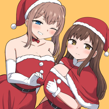 2girls ;d bare_shoulders belt black_belt black_choker blue_eyes bow bow_choker breasts brown_hair cape capelet choker closed_mouth collarbone commentary_request dress dutch_angle elbow_gloves fur-trimmed_capelet fur_trim gloves grin hat heart_hands_failure large_breasts long_hair looking_at_viewer multiple_girls one_eye_closed open_mouth original red_bow red_cape red_hat santa_costume santa_dress santa_hat senshiya simple_background smile strapless strapless_dress white_gloves yellow_background yellow_eyes