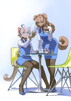 2girls :o ahoge animal_ear_fluff applying_another&#039;s_manicure arm_up black_necktie blue_background blue_eyes blue_shorts blue_skirt blue_vest brown_fur brown_hair brown_pantyhose cat chair check_gender commentary denchou dog english_commentary furry gender_request gradient_background gray_fullbuster highres holding holding_brush holographic_interface long_hair long_sleeves looking_at_hand looking_down multiple_girls nail_polish nail_polish_brush name_tag necktie open_mouth original pantyhose pencil_skirt pinstripe_pattern pinstripe_shirt radial_gradient_background salon shirt short_hair shorts sitting skirt table vest white_background white_shirt